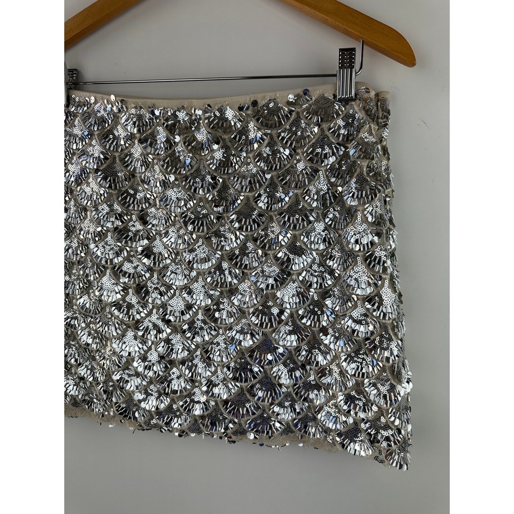 Sans Souci Silver Scalloped Sequin Mini Skirt Womens Large Art Deco Fan Party - Picture 4 of 11